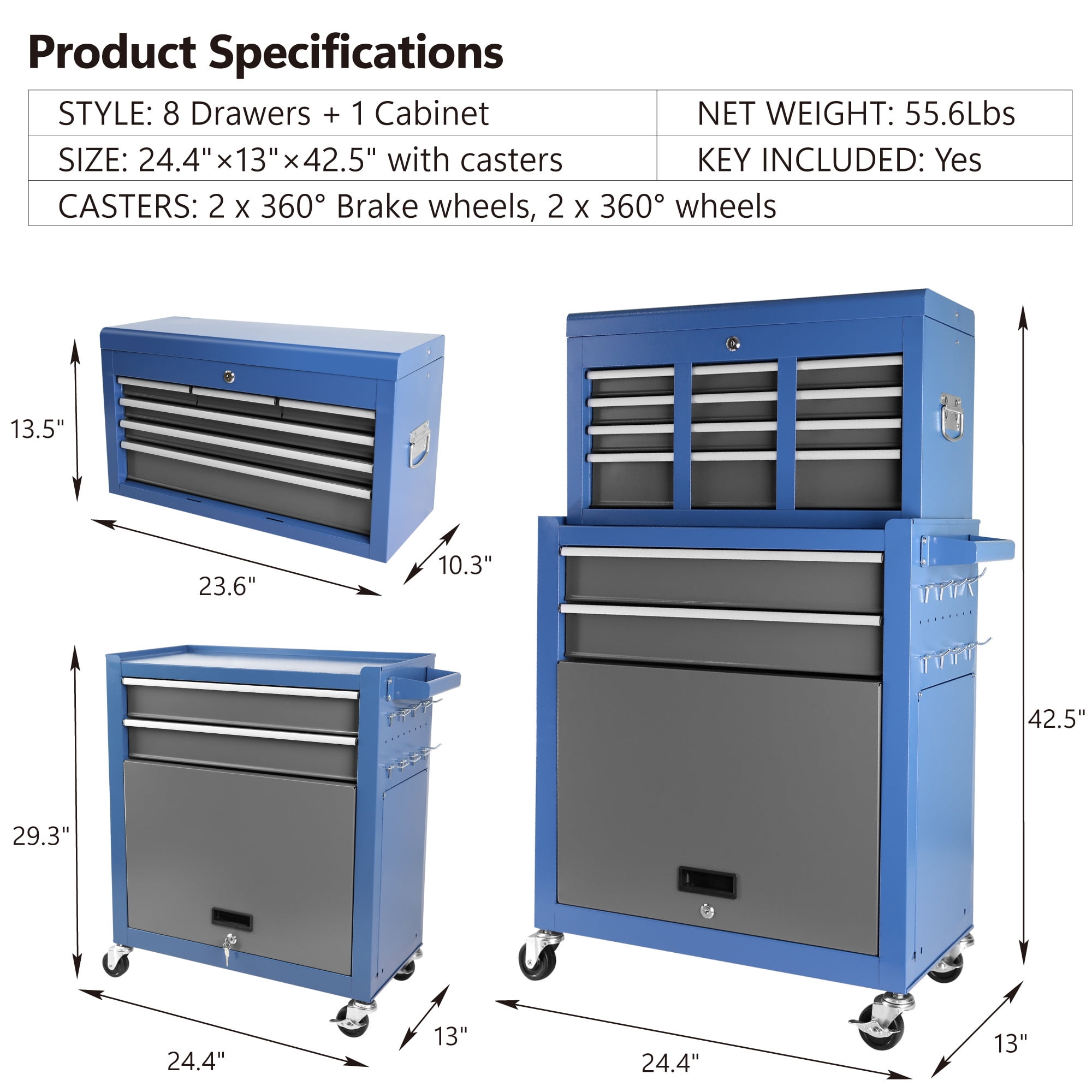 Aukfa Tool Chest, 2 in 1 Steel Rolling Tool Box & Cabinet on Wheels for Garage, 8-Drawers, Blue&Gray