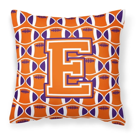Letter E Football Orange  White and Regalia Fabric Decorative Pillow