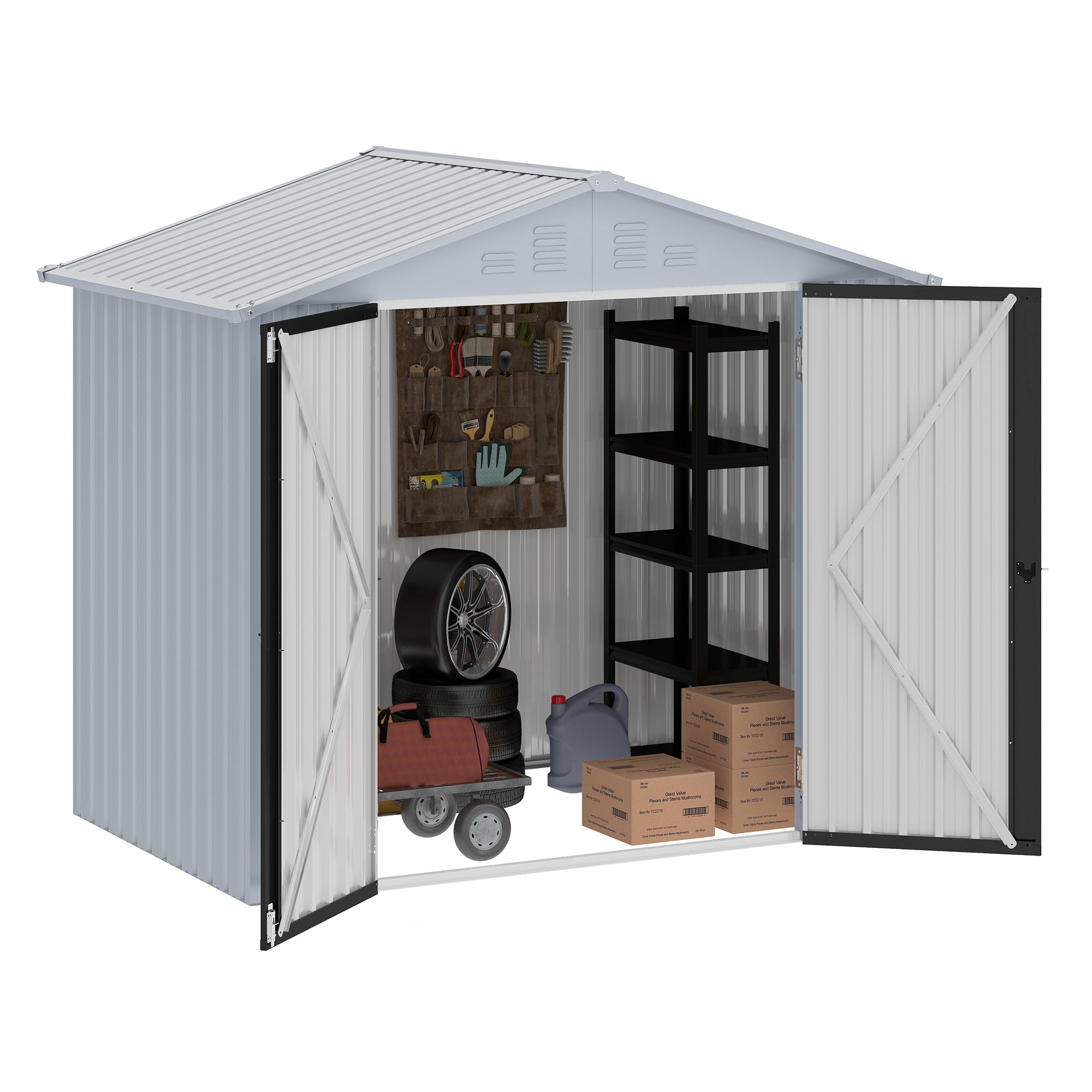 Uforic 6x4ft Metal Outdoor Storage Shed, Lockable and Waterproof with Gable Roof & Vents, White