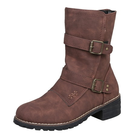 

GNEIKDEING Middle Booties Strap Heels Color Round Solid Women Shoes Toe Retro Buckle Women s Gift on Clearance