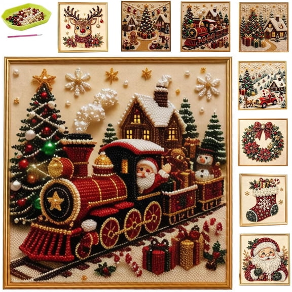 DIY Christmas Pearl Diamond Painting Art Kit with Frame, Home Wall Decor Art Craft for Adults, 3D Pearl Christmas Wall Art Kit, Diamond Painting Kit, Relaxing & Beginner-Friendly,Train