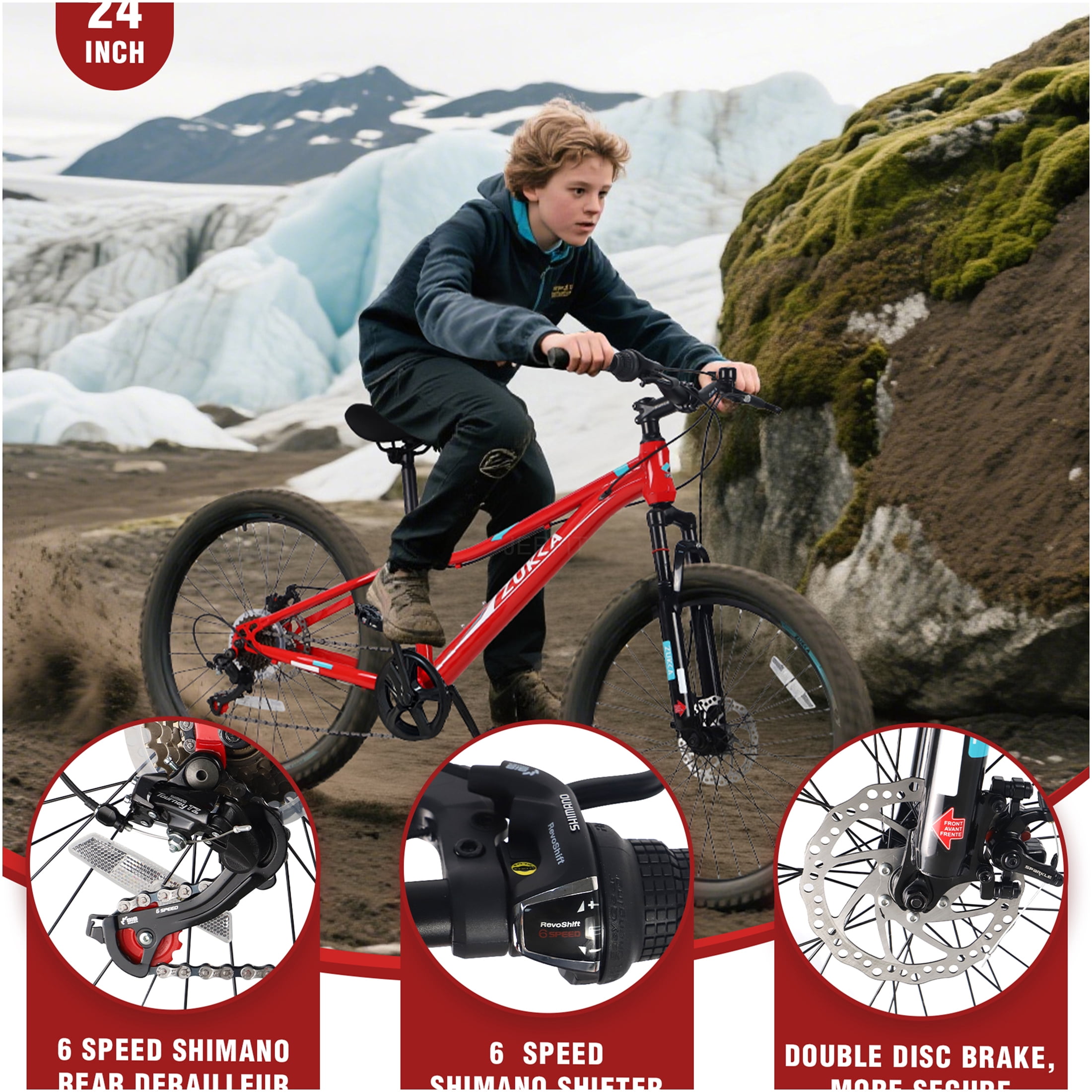 JERFIT 24 inch Kids Mountain Bike with 6-Speed Shimano Gears, Front Suspension Fork & Dual Disc Brakes for Boys and Girls Age 9-12, Red Steel Frame