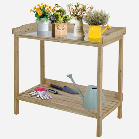 LAZY BUDDY Garden Potting Bench with Open Shelf, Wooden Workstation Table Prep Table