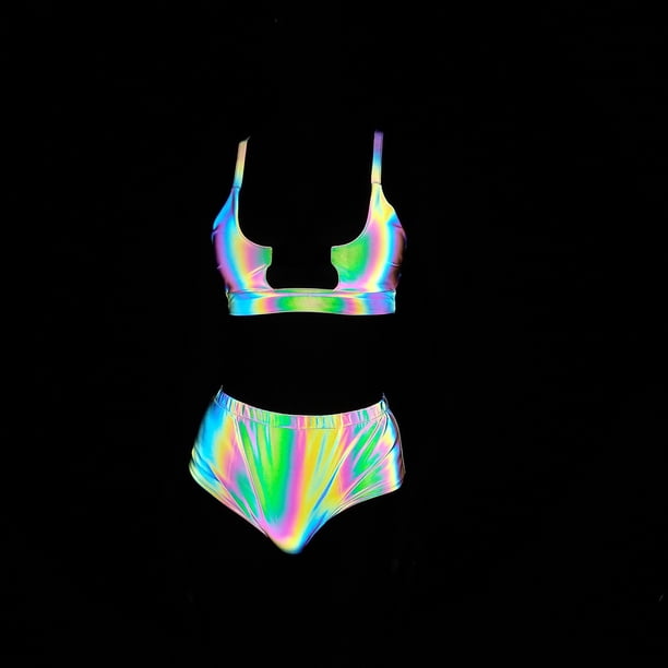 Traje de baño para mujer, traje de baño dividido reflectante colorido para mujer, bikini de cintura alta, traje de baño con luz nocturna, trajes de baño para mujer