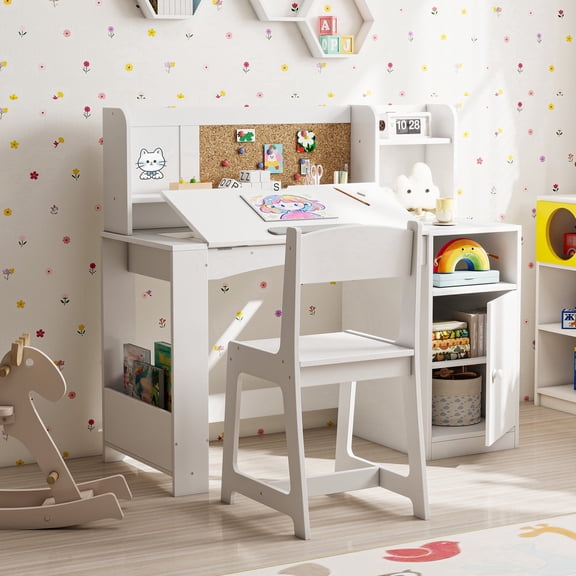 Reasea Kids Study Desk and Chair Set with Tiltable Desktop, Hutch & Storage - Wooden Writing Table for Ages 5-12,White