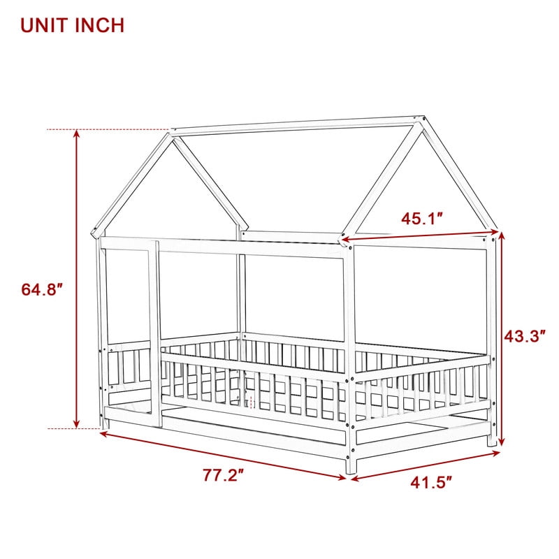 Twin Size House Floor Bed Frame,Wooden Montessori Floor Bed with Fence ,, Natural