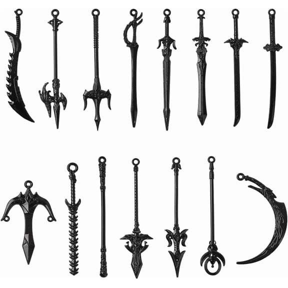 1 Box 30Pcs 15 Styles Black Charms Metal Knife Charms Bulk Small Vintage Alloy Book Knight Bookmarks Weapon Pendants for Jewelry Making Necklace Bracelet Crafting Supplies Men