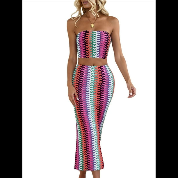 Conjunto de Dos Piezas de Vestido Tubo con Rayas de Colores para Mujer de Verano Púrpura L