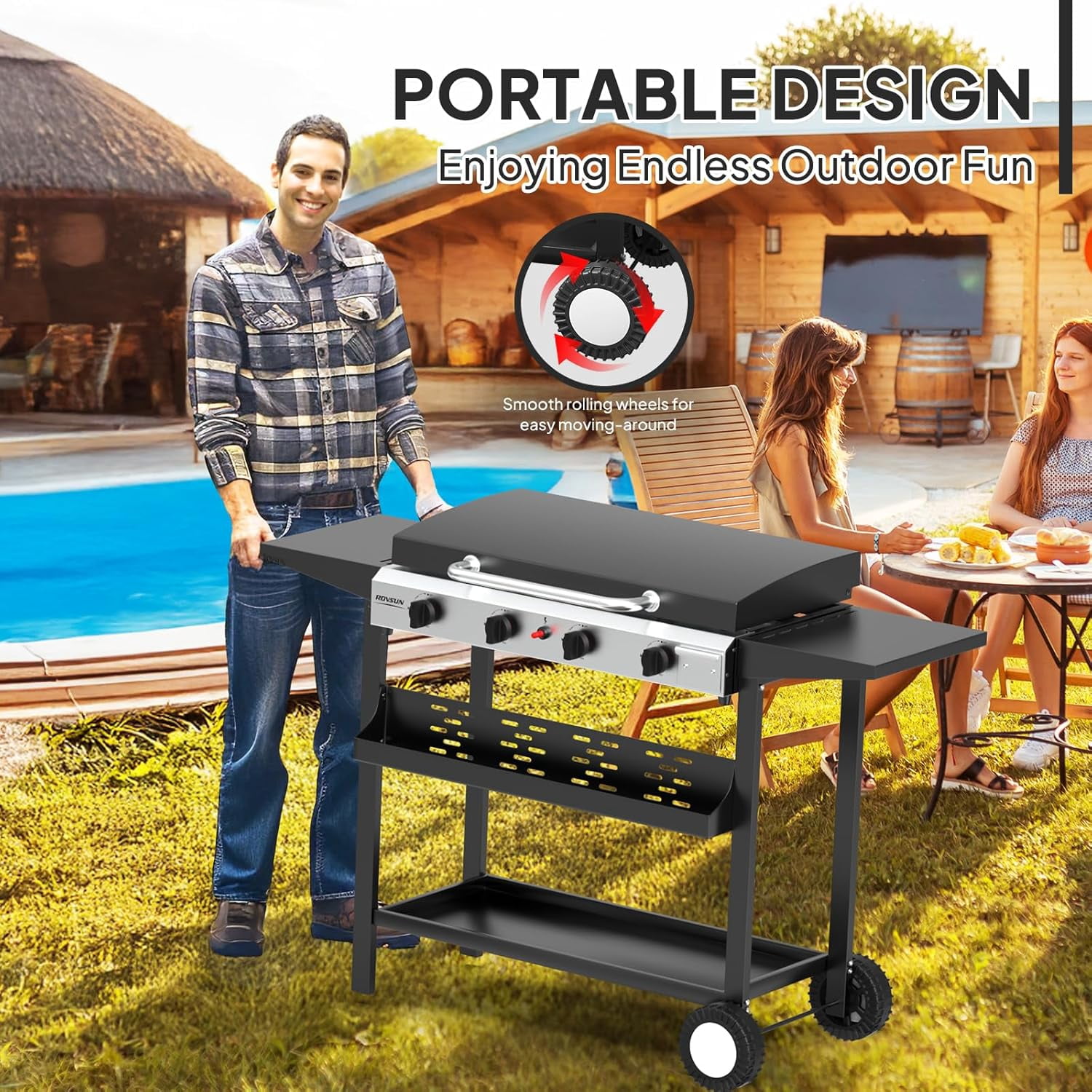 TUFFIOM 4 Burner Portable Propane Griddle with Enameled Tray & Lid, 40000 BTU Rolling Flat Top Gas Grill with Electronic Ignition & Regulator for Outdoor Cooking Camping BBQ Tailgating