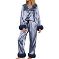 thumbnail image 2 of Cute Pajama Sets for Women Silk Satin Button Solid Color Print Long Sleeve Top And Pant Pj Set Sleepwear Soft 2 Piece Outfits Loungewear Sets Blue L, 2 of 5