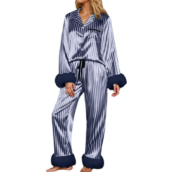 DHFJKG Womens Pajamas Set Fuzzy Trim Silk Satin Striped Loungewear Long Sleeve Turndown Collar Button Up Top Loose Fit Bottoms 2 Piece Sleepwear Comfort Homewear