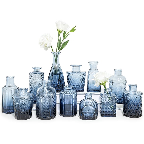 SUPMIND Jarrón de cristal, juego de 12 pequeños floreros azules para centros de mesa, mini florero vintage a granel para decoración de mesa de boda y hogar