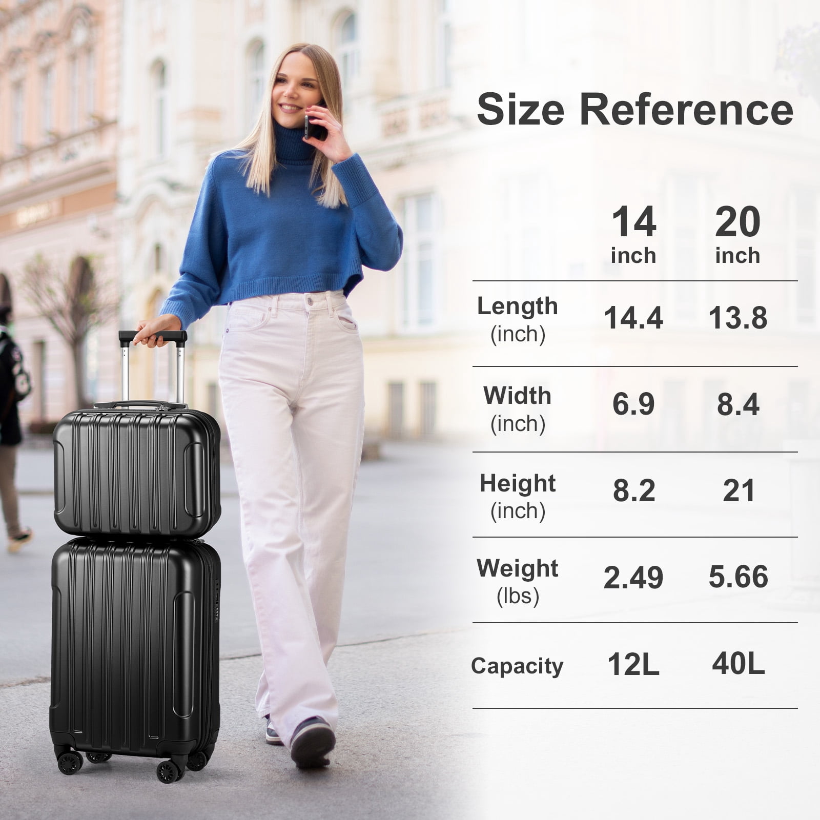Zimtown 2 Piece Luggage Set, 20" Carry-On Expandble ABS+PC Luggage Hardside Lightweight Suitcase, 14" Mini Cosmetic Cases, Black