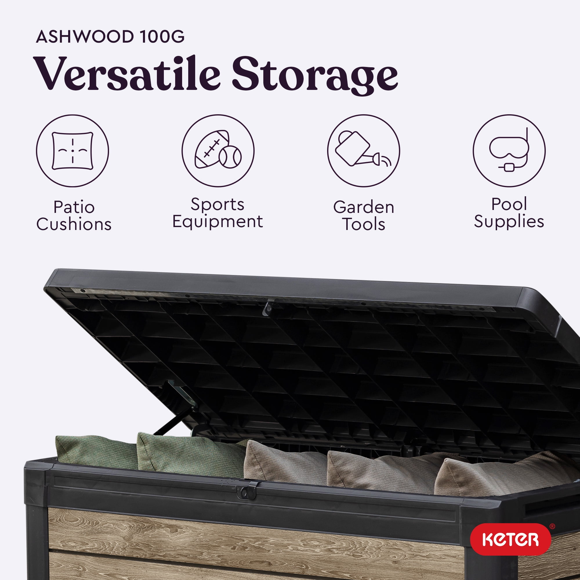 Keter Signature 100 Gallon Durable Resin Outdoor Deck Box Storage Organization, Ashwood