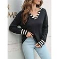 thumbnail image 3 of Women'S Striped Sailor Collar Cuffs V-Neck Regular Fit Knit Sweater Black S, 3 of 5