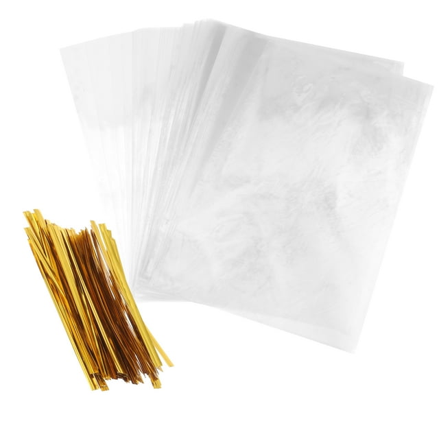 EeaseMX 100 bolsas de celofán transparentes con 100 lazos dorados para dulces, pan, chocolate y gelatina.