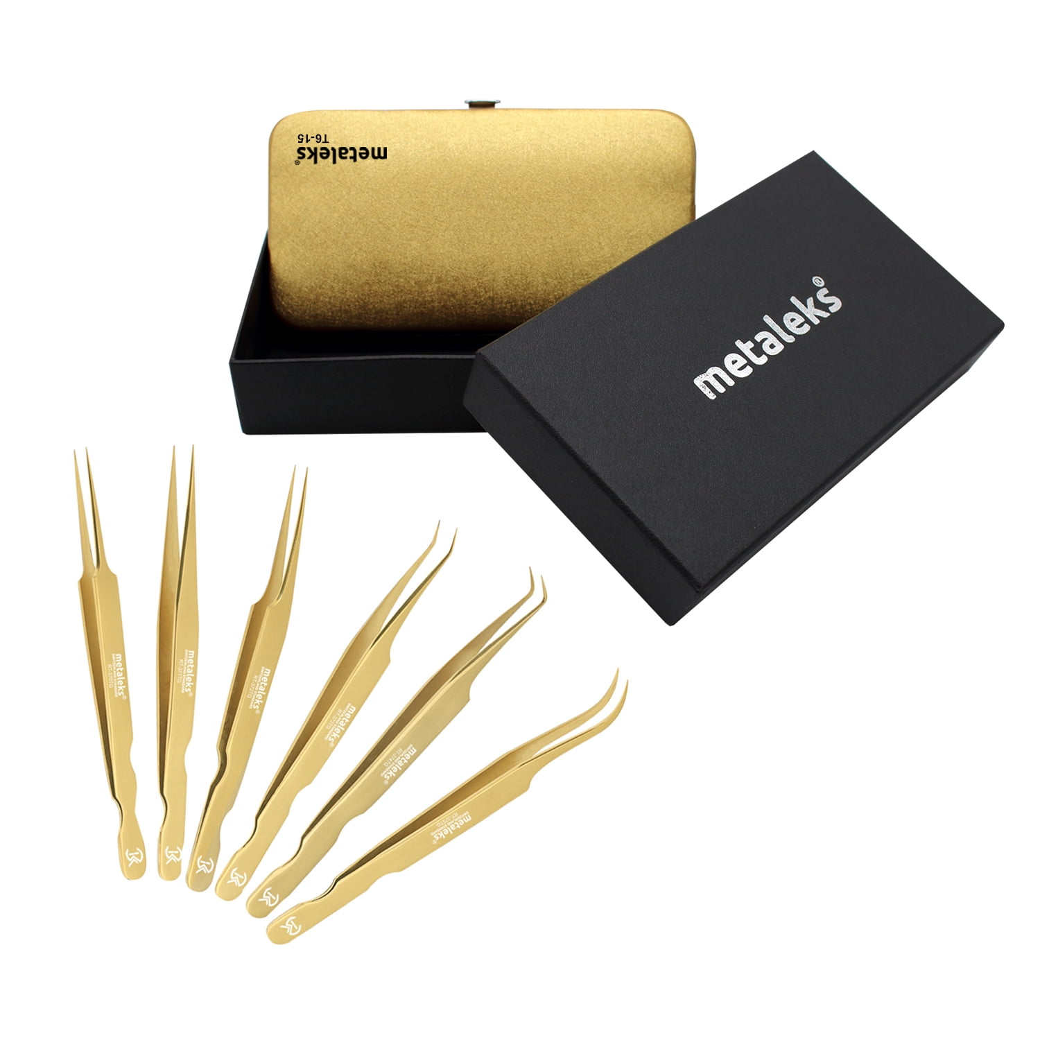 6PCS Complete Gold Titanium Coated Eyelash Extension Tweezers Set With Gold Metallic Magnetic Pouch