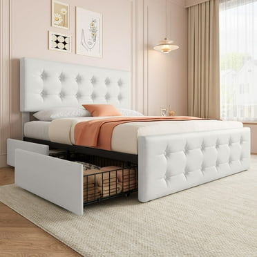 TROPOW King Size Bed Frame,with 4 Storage Drawers and Headboard, Linen Upholstered Platform Bed Frame with Wooden Slats Support, Button Tufted Design, No Box Spring Needed,White