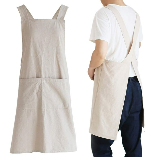 Kitchen Cooking Aprons Linen Cross Back for Men with Pockets for Baking Painting Gardening Cleaning Khaki