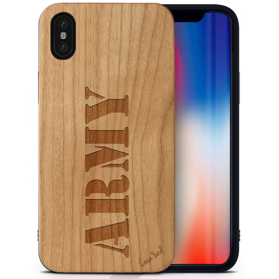 Case Yard Wooden Case Outside Soft TPU Silicone, Slim Fit Shockproof Wood Protective Phone Cover for Girls Boys Men and Women, Supports Wireless Charging US Army Stencil Design case for iPhone-XS-Max