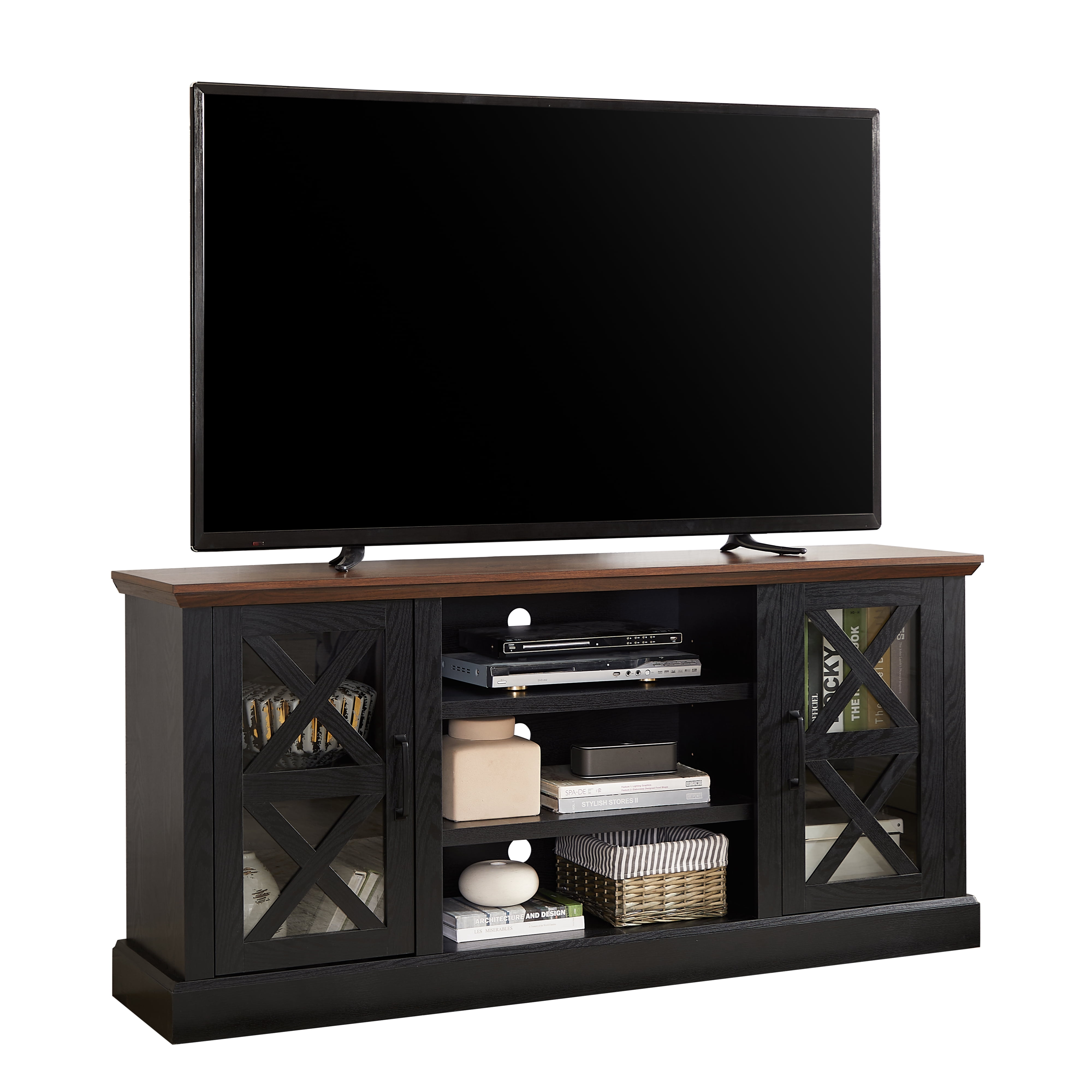 Mainstays Farmhouse TV Stand for TVs up to 70", Black/Walnut
