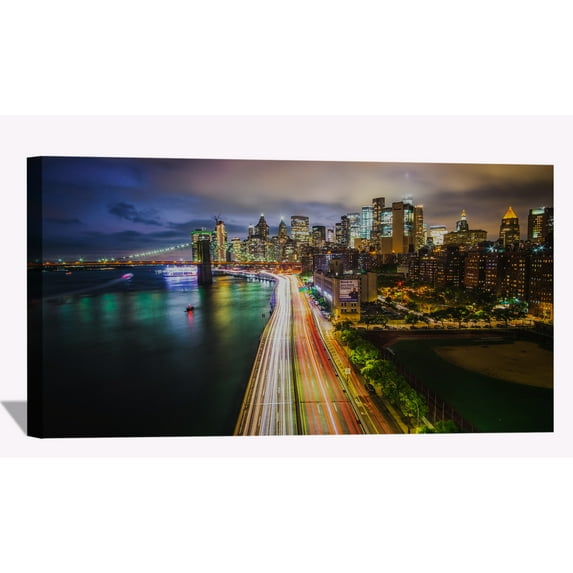 Manhattan Bridge Wall Art City Skyline Picture Canvas Art Downtown Night Framed Painting Wall Decor For Home Office Bedroom Livingroom Ready to Hang