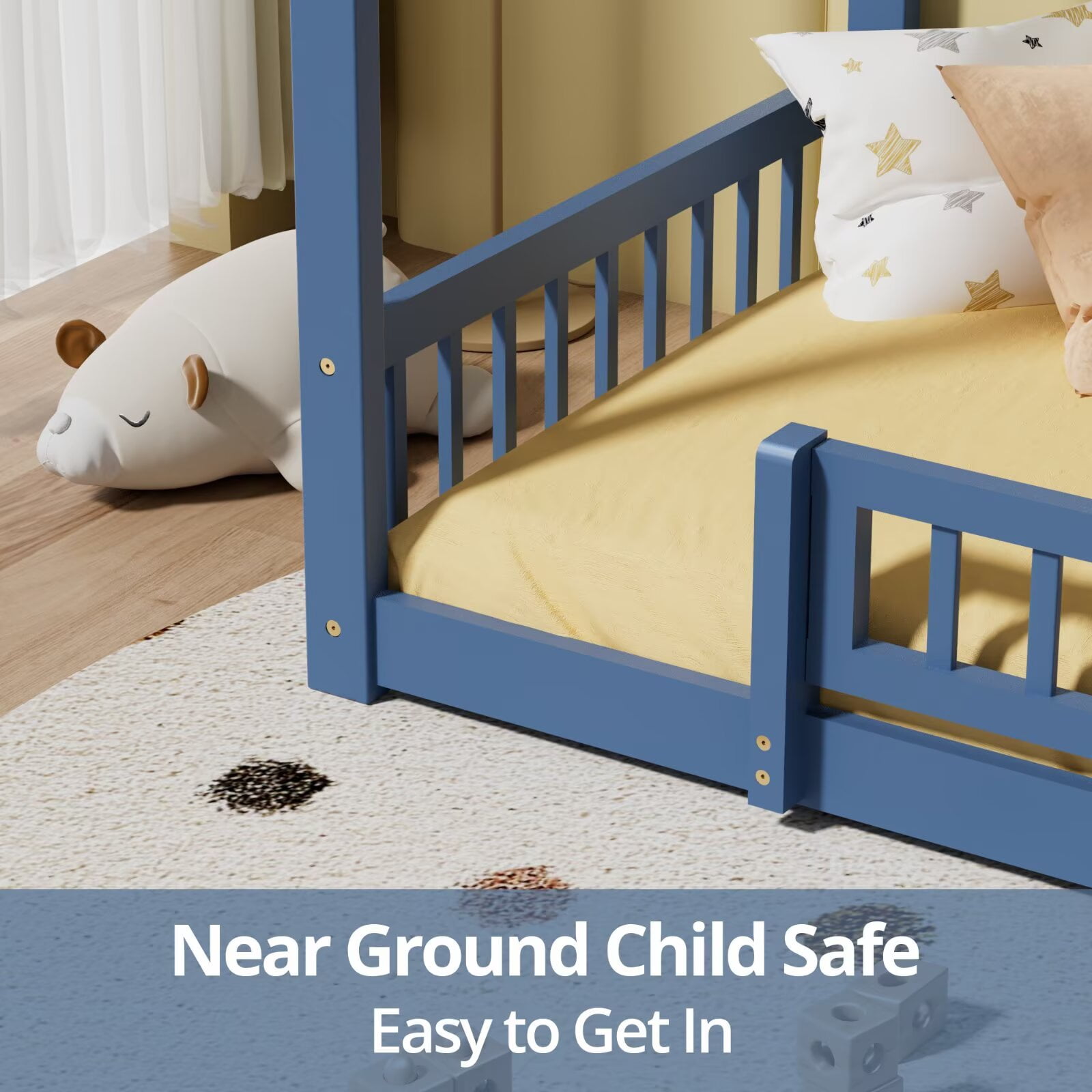 Twin Size House Bed with Fence, Wood Floor Bed with Roof, Montessori Bed Frame Playhouse Bed for Girls and Boys Bedroom, Easy Assembly, Mist Blue