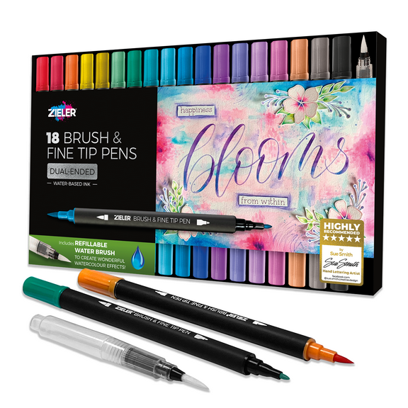 Zieler® 18 Brush & Fine Tip Pens with Water Brush
