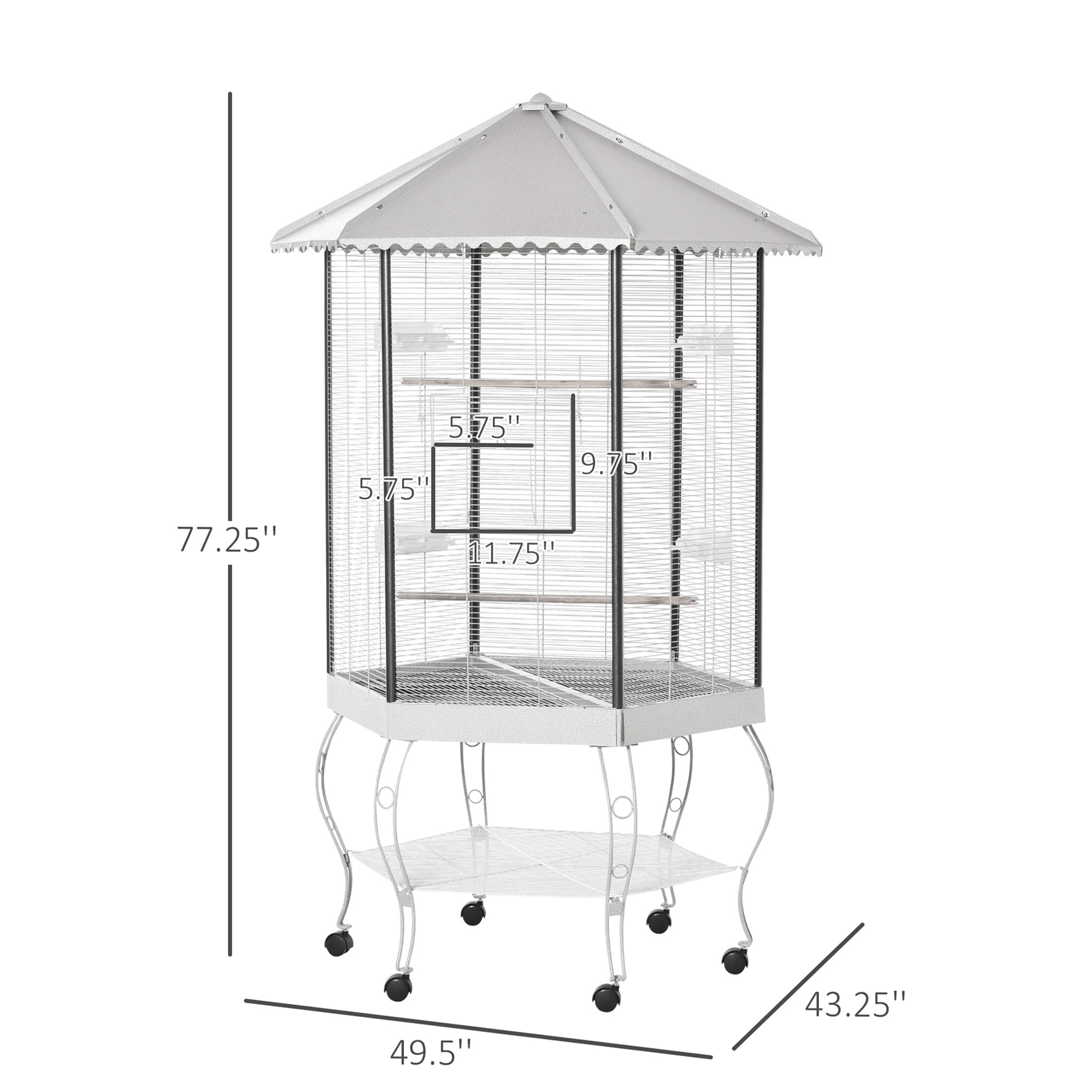 JERFIT 77 Inch White Steel Hexagon Bird Cage with Rolling Stand, Removable Tray & Storage Shelf for Parakeets, Cockatiels, Lovebirds