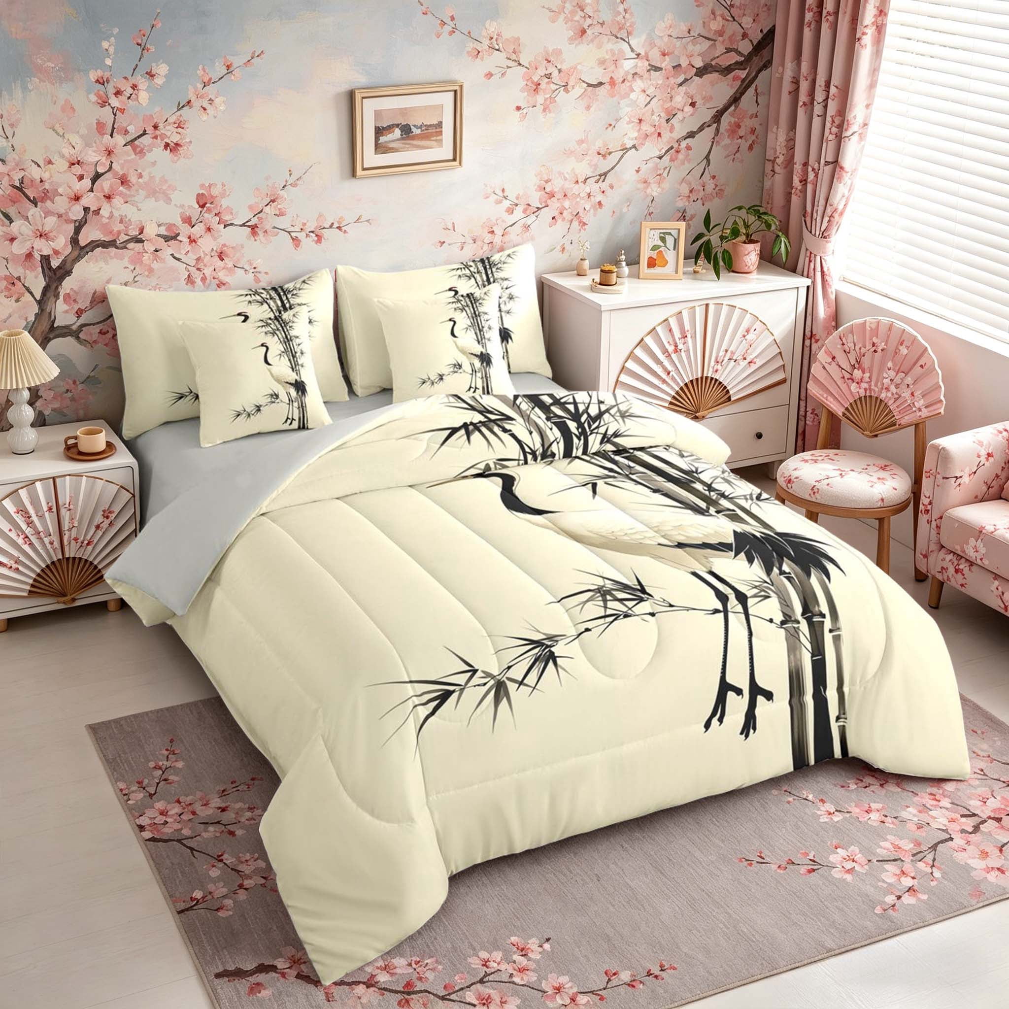 Manfei Ink Crane Bedding Comforter Set for Teens, Bamboo Queen Bedding Sets, Beige Black White, Gray Reversible 7pcs