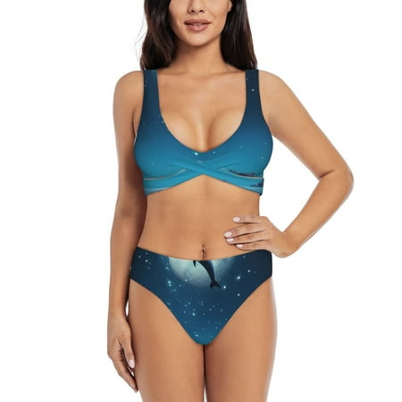 Zeuib Night Sky Moon Dolphin High Waisted Tummy Control Bikini Set - Knot Front Push Up Top & Cheeky Thong Bottom  Two-Piece Swimsuit for Women-X-Large
