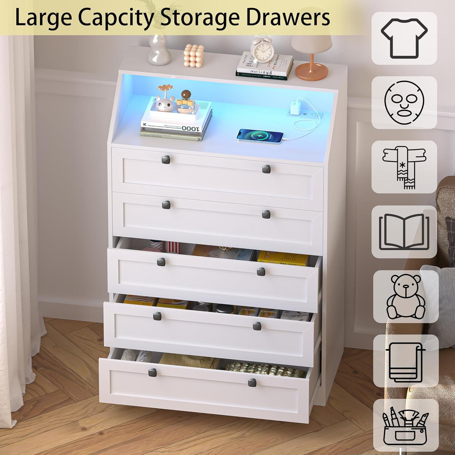 FANRAL 5 Drawers Dresser for Bedroom,Tall Dresser Modern Chest of Drawers with LED Open Shelf,Wood Closet Clothes Organizer Storage Cabinet,White Dresser