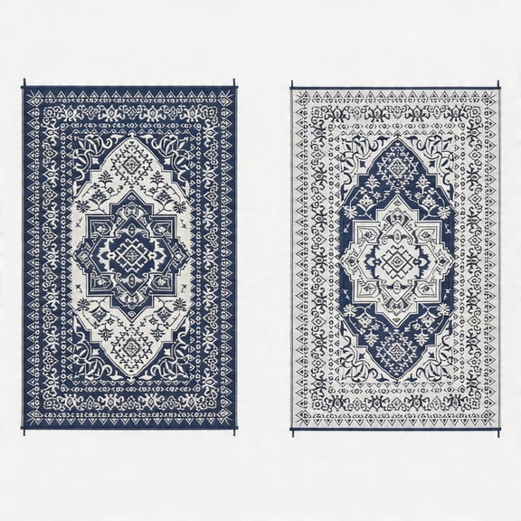 Oriental Medallion 10x14 Outdoor Rug, Waterproof Camping Rugs for Outside Your RV, Foldable Plastic Straw Rug with Portable Bag, Vintage Reversible Mats for Picnic Backyard,Blue
