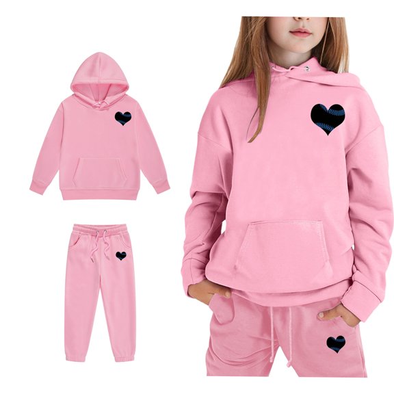 LIUYUNNN Toddler Kids Sweatsuit Set for Girls 2pc Long Sleeve Pink Heart Hooded Sweatsuits and Jogger Sweatpants Winter Clothes Little Boy Clothes 1-2 Years Boys Girls Autumn and Winter Outfits