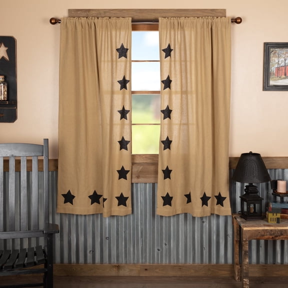 VHC Brands Burlap Natural with Black Stars Primitive 63"x36" Panel Pair Tan Rod Pocket Stenciled Cotton Tie Back(s) Window Curtains