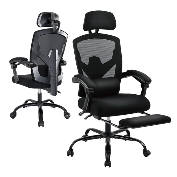Premium Black Mesh Office Chair With Footrest, 90°-130° Recline, Adjustable Headrest & Lumbar Support