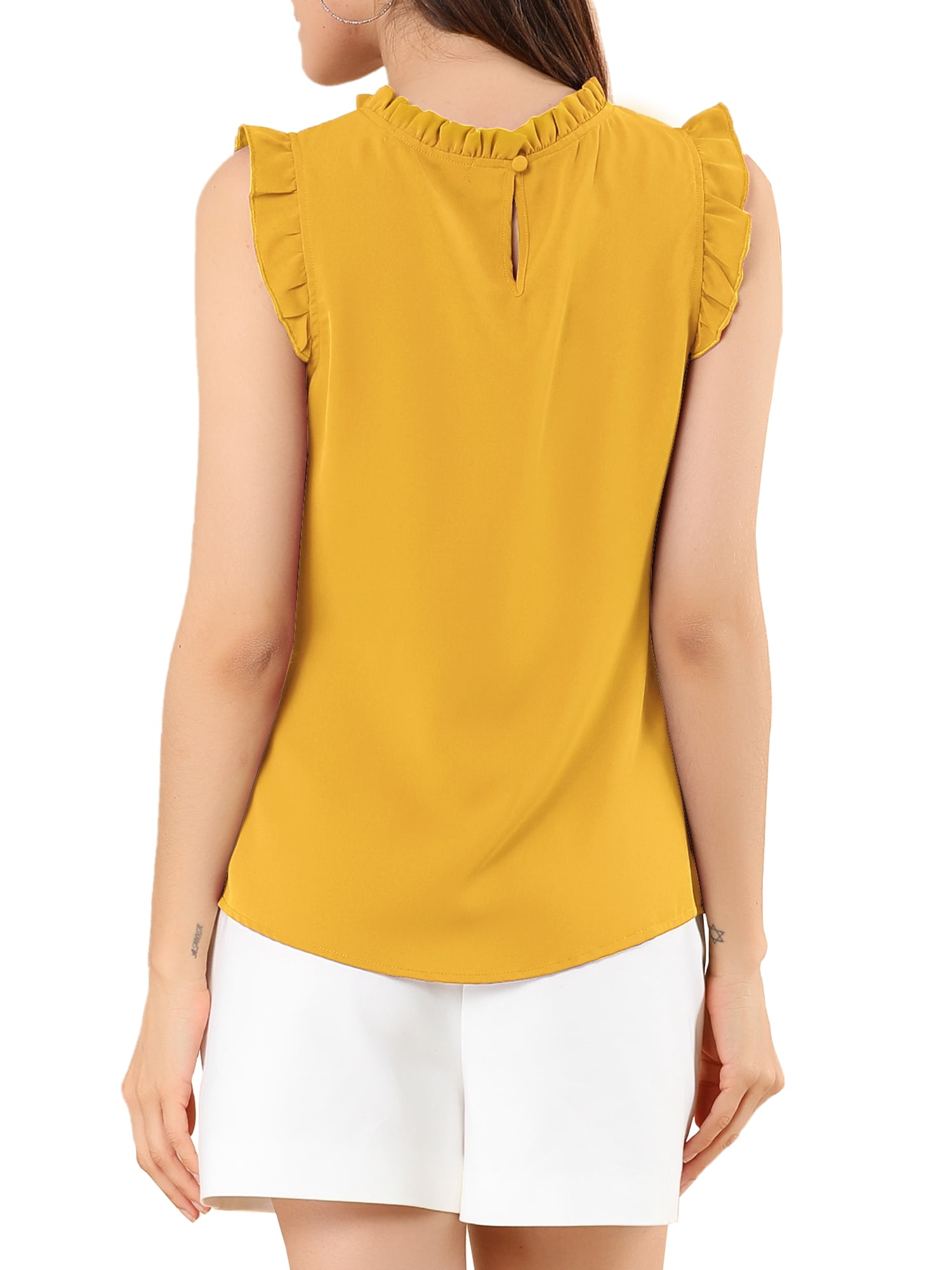 DARING DIVA Women's Ruffled Trim Pleated Plain Blouse Top S Yellow