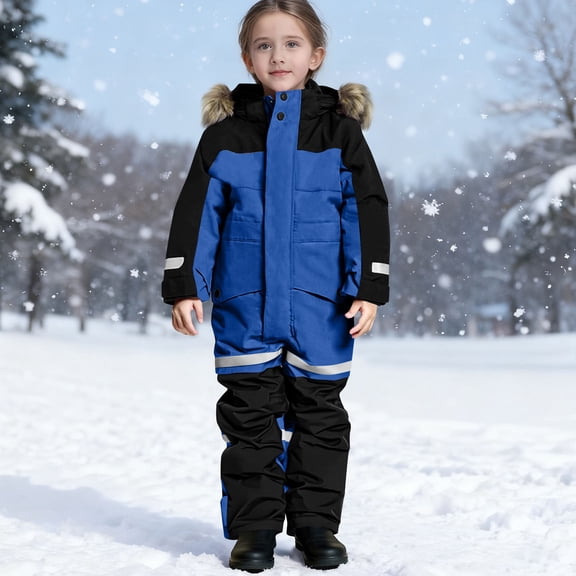 Xdegoge Kids Boys and Girls One Piece Snowsuit Fleece Lined Thicken Warm Insulated Waterproof Jumpsuits with Furry Hood Color Block Winter Warm Teen Snow Suit 150