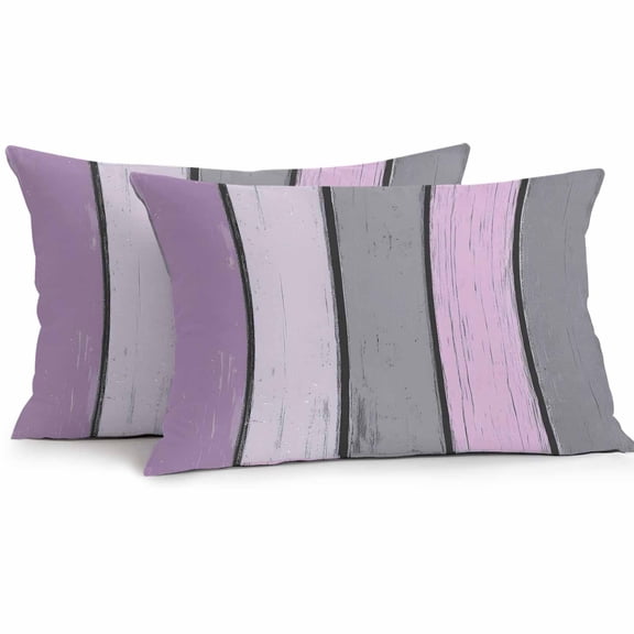 Purple Grey Stripes Outdoor Pillow Covers Set of 2 Rustic Atmosphere Wood Texture Waterproof Throw Pillow Case Decorative Square Cushion Cover for Patio Couch Garden Balcony, 20"x12"