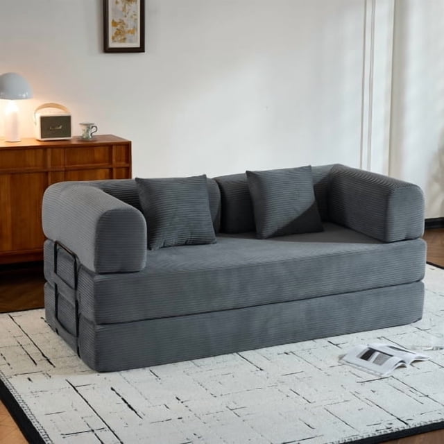 Sofa cama convertible con almohada cilíndrica, sofá de colchón plegable de corduro con marco de forma fija, sofá de pie para salón y dormitorio (gris)
