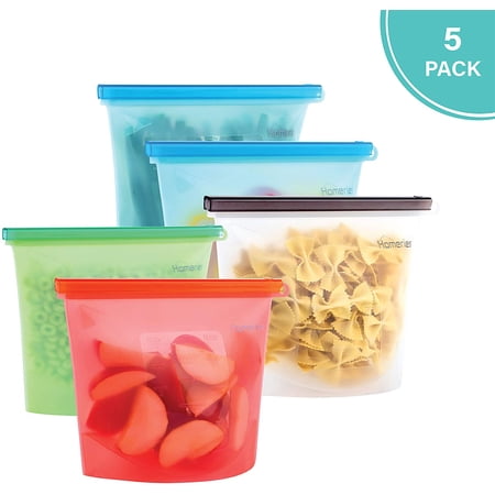 Reusable Silicone Food Storage Bags (5 x Medium) for Sandwich Snack Lunch Vegetable Fruit Sous Vide Liquid | Airtight BPA-Free Leakproof & Eco friendly Plastic Free Ziplock Bags by Homeries