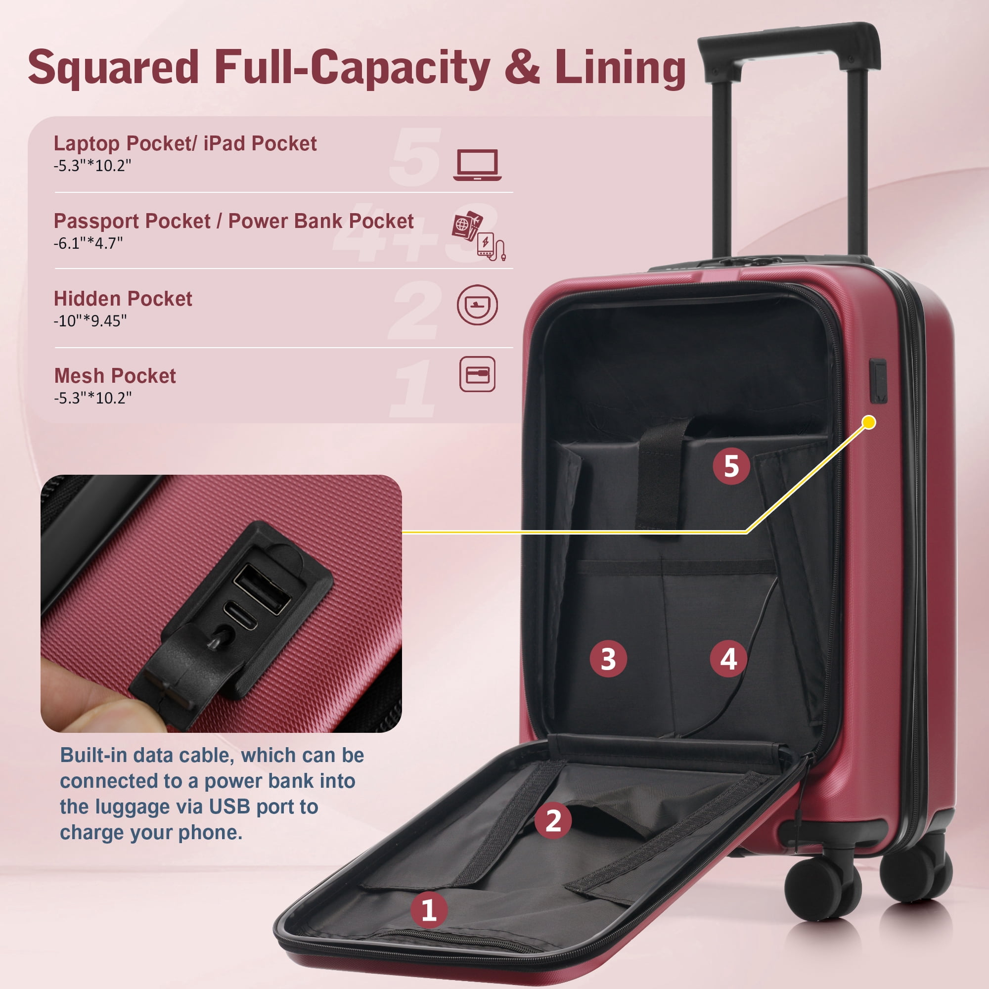 Luggage Sets 5 Piece with Front Opening, Hardside Expandable Carry On Suitcase Set with Double Spinner Wheel, Lightweight Travel Luggage with USB Port, TSA Locks (20"24"28")