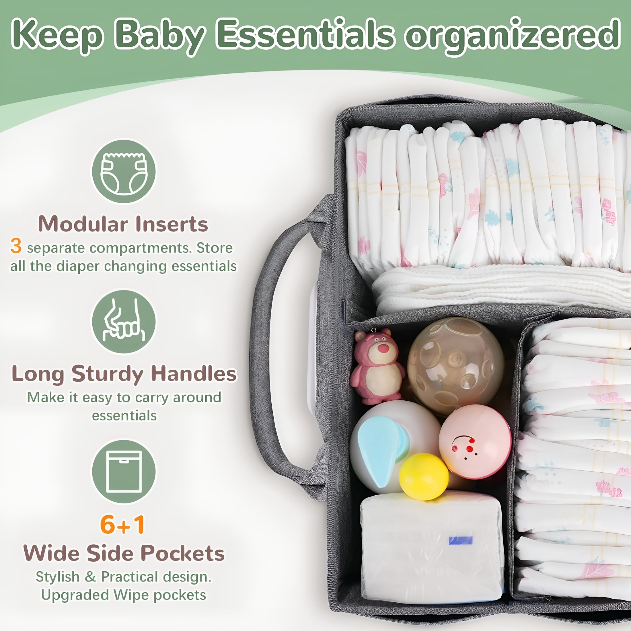 XIBUFE 2026 New Diaper Caddy with Wipe Dispenser One-Handed Access,Premium Diaper Organizer,Portable Car Organizer Nursery Basket for Newborn,Perfect Registry Must Haves for Boys&Girls,Grey