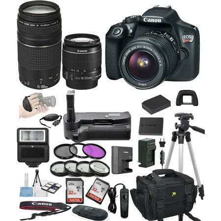 Canon EOS Rebel T6 Digital SLR Camera w/ EF-S 18-55mm + 75-300mm Zoom Lens  Bundle includes Camera, Lenses, Filters, Bag, Memory Cards, Remote, Power Grip, Tripod ,and (Best Power Zoom Camera)