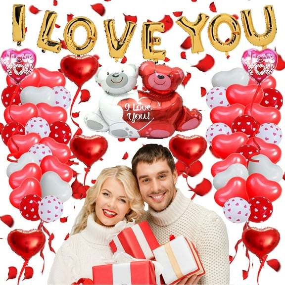 58pcs Romantic I Love You Balloons & Red Heart Balloons Set w/1000 Red Rose Petals & Big 40" Teddy Bear Balloons for Valentine's Day Anniversary Decorations Special Night MUTOCAR