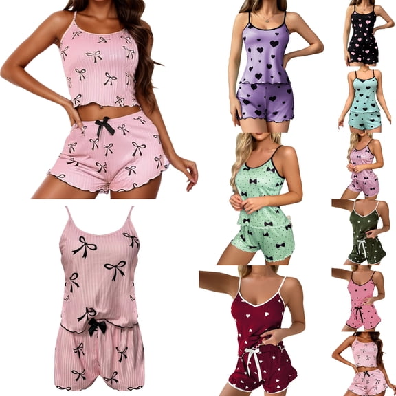 Bow Pajamas for Women Camisole Shorts Lightweight Casual Valentine Sleepwear Relaxed Fit Pink S