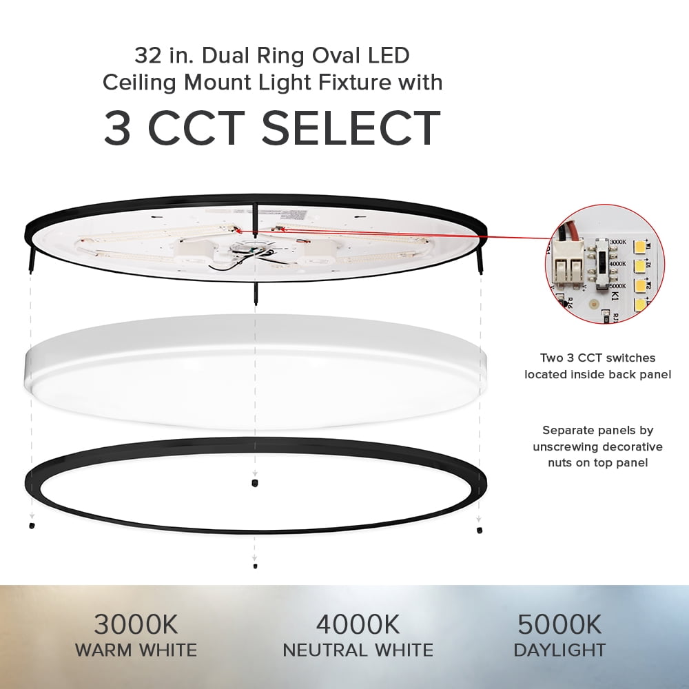 Maxxima 32” 3 CCT Oval Black LED Ceiling Mount Light Fixture, 3000K-5000K, Dimmable