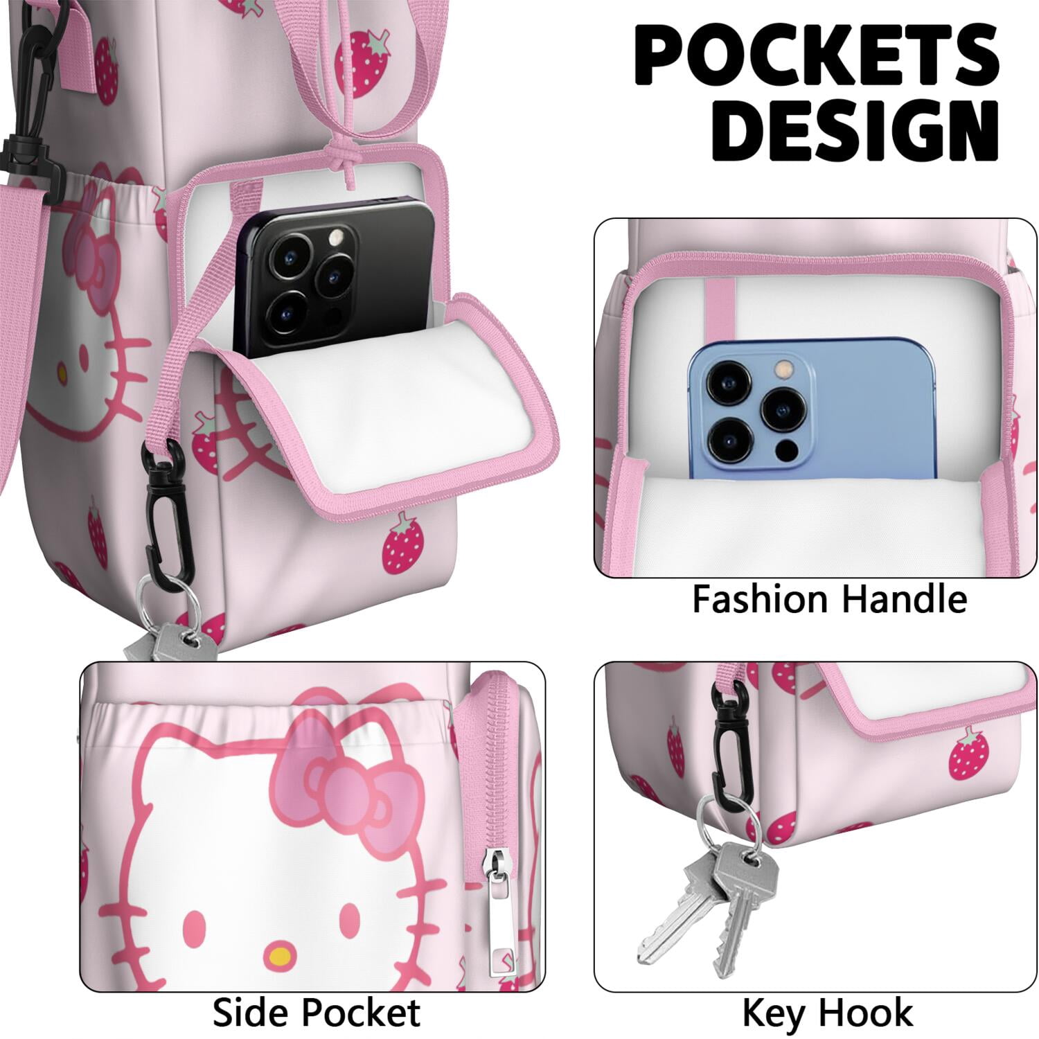 Insulated Water Bottle Carrier Bag Sleeve with Strap Crossbody for 20/24/32/40oz Tumbler,Hello Kawaii Cat Cute Water Bottle Holder Sling Bag with Pocket Gifts for Women Men Adults