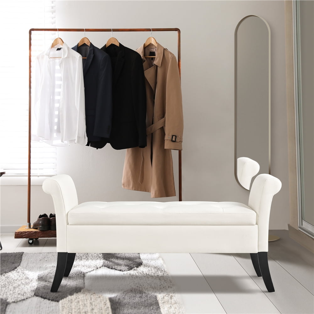 Alden Design Modern Fabric Tufted Storage Bench with Rolled Arms for Livingroom, Fresh White