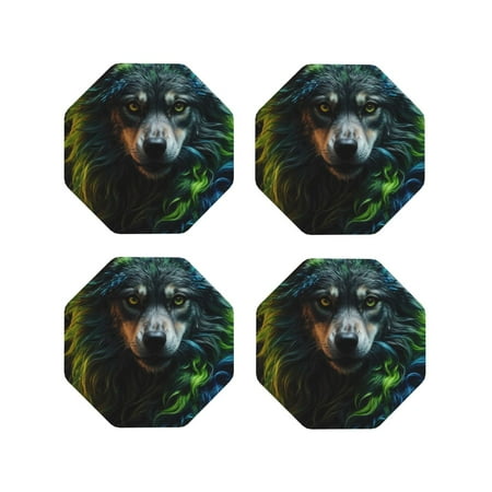 

Tideii Realistic Style Colorful Wolf A for Leather Coasters 4 Pieces Anti-fouling and Anti-scalding Decorative Coasters Suitable for Restaurants Kitchens Coffee Shops-Octagon